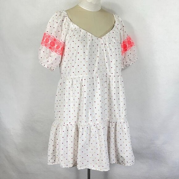 Ann Taylor Loft Dress Dot Embroidered Tiered V-Neck Swing Flouncy Boho Summer L - Picture 3 of 9